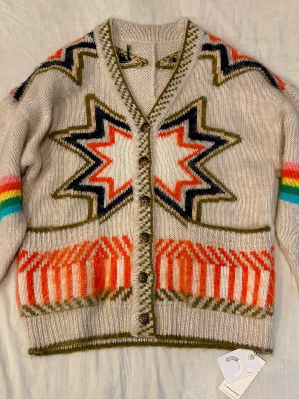 Commense Cream Cardigan Sweater with Orange, Olive, Navy, Rainbow Stripes